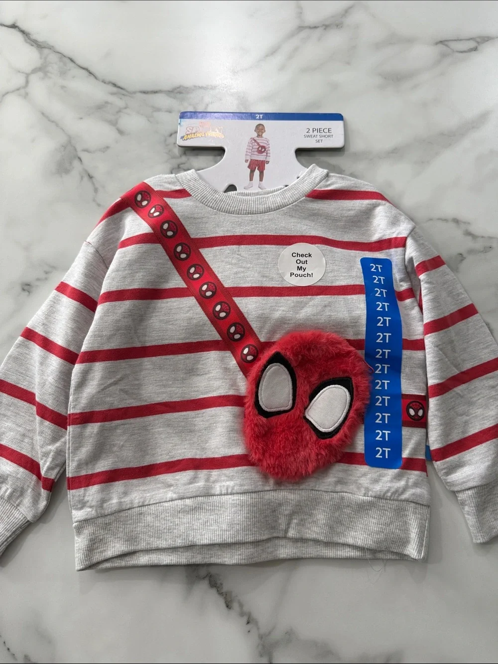 Spiderman Red & White Striped Kids Sweater with Spider Purse